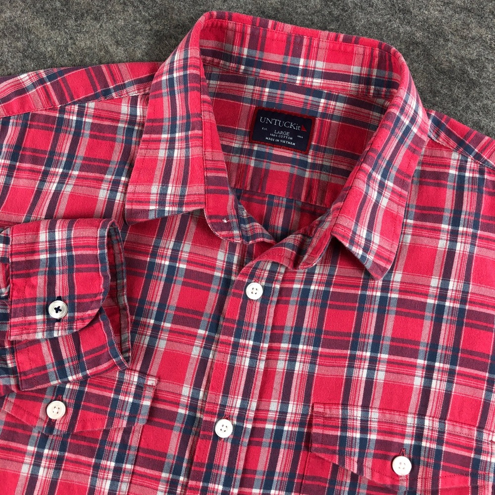UNTUCKit Men's L Red Blue Plaid Flannel Long Sleeve Casual Shirt Weekend